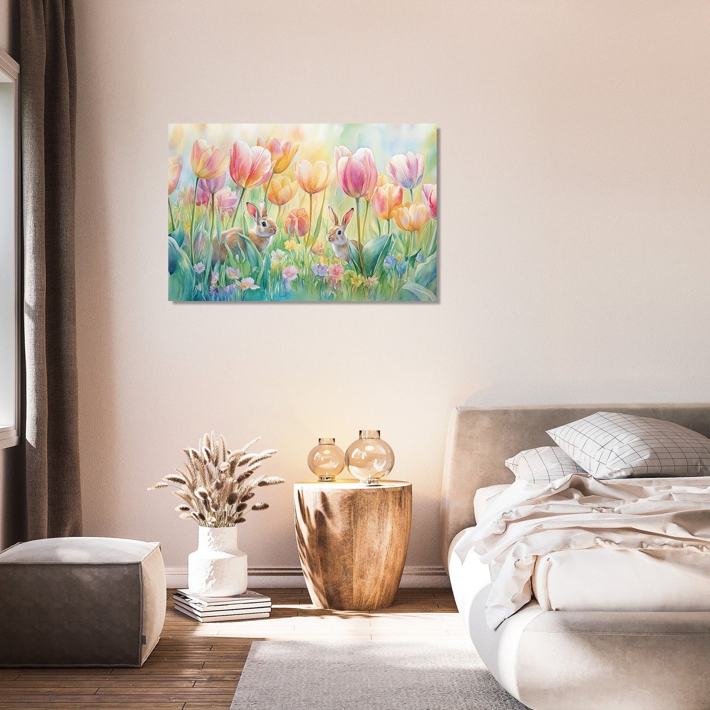 Tulip Meadow and Rabbits Canvas