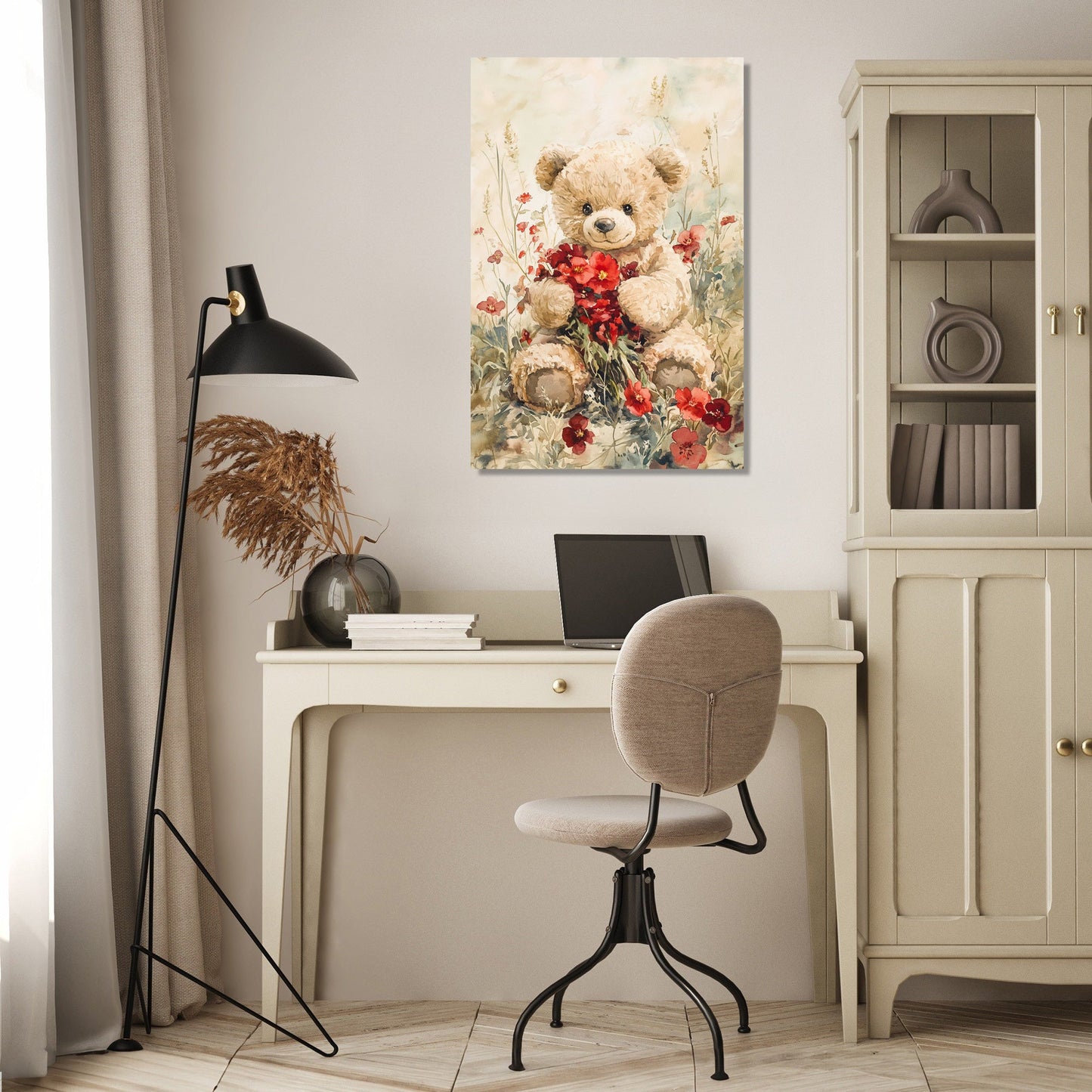 Teddy's Floral Embrace Canvas