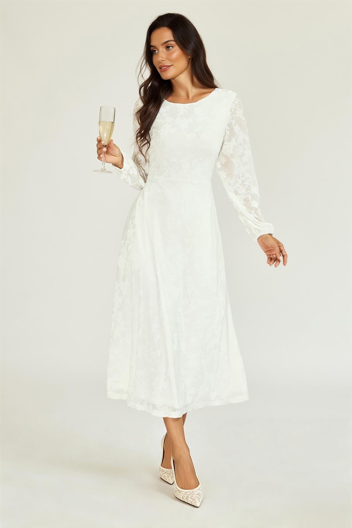 Floral Velvet Devore Long Sleeve Maxi Dress In Ivory