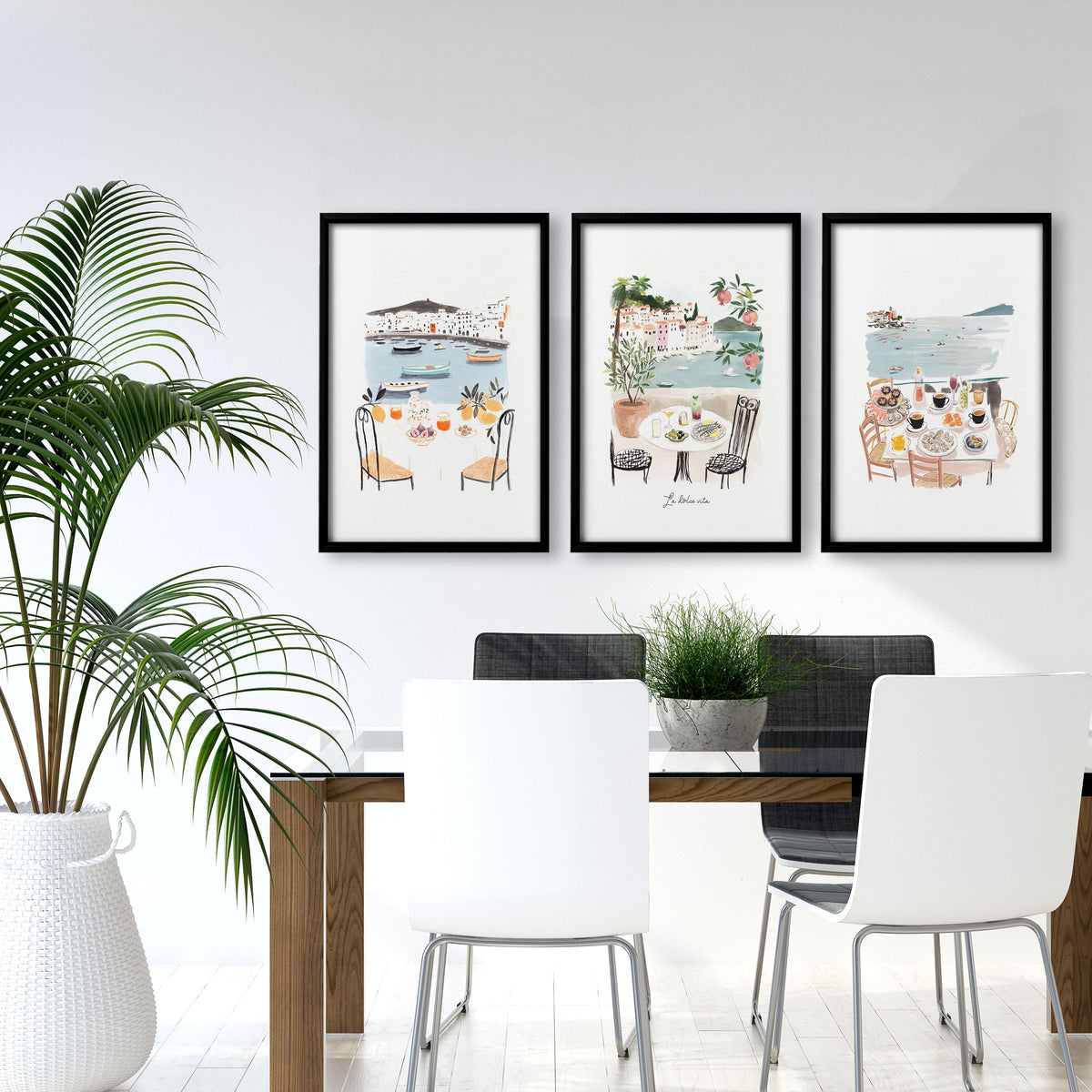 Beach Art Coastal Mediterranean Dining Watercolour Wall Art Prints | "La Dolce Vita" | Set of 3