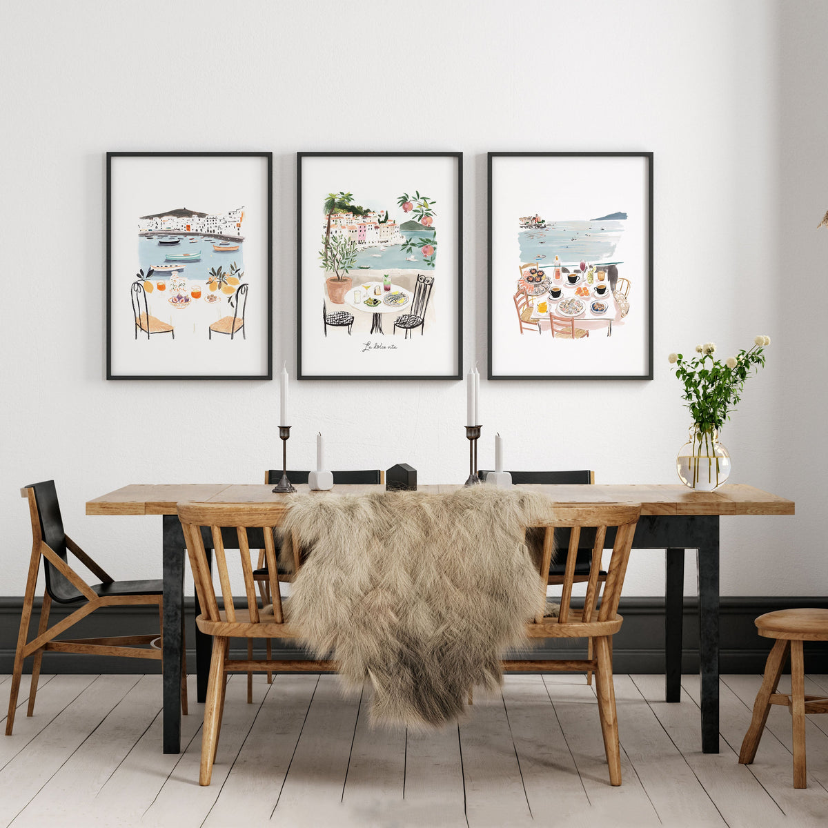 Beach Art Coastal Mediterranean Dining Watercolour Wall Art Prints | "La Dolce Vita" | Set of 3