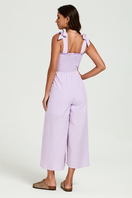 Check Print Tie Detail Jumpsuit In Purple & Pink