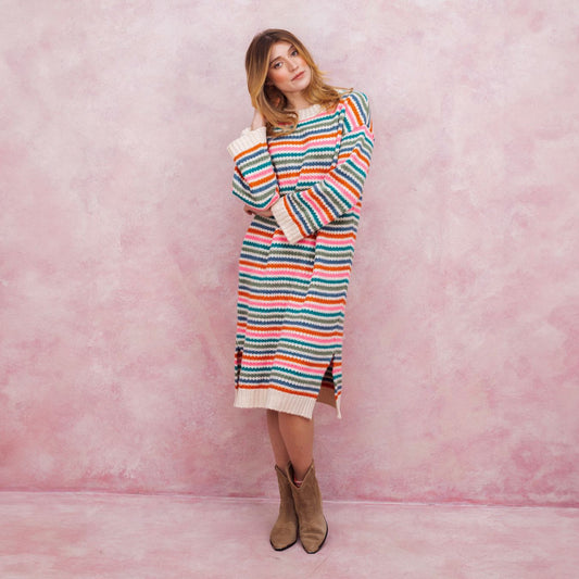 Becca Rainbow Stripe Knitted Midi Dress - Rainbow