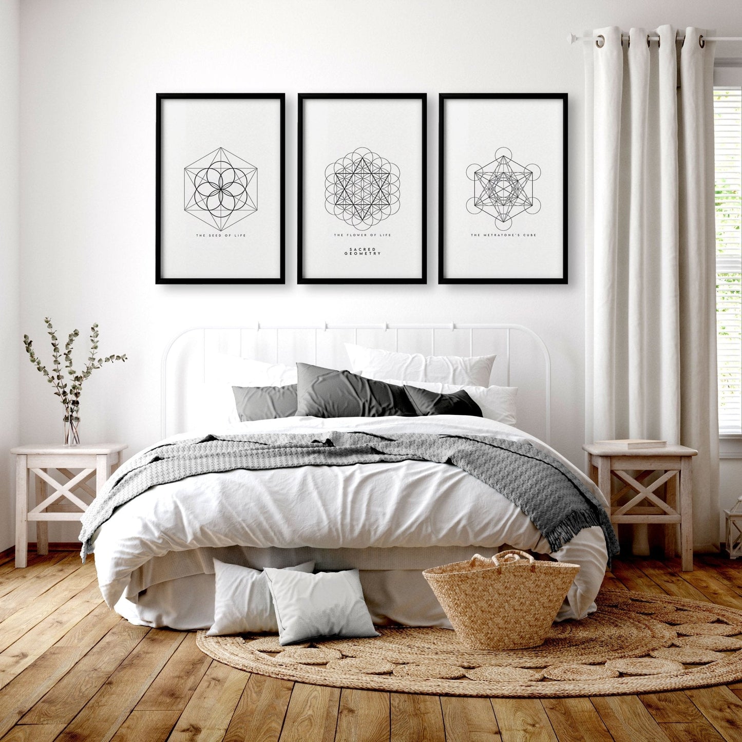 Bedrooms Black And White | Set of 3 Sacred Geometry Wall art Prints