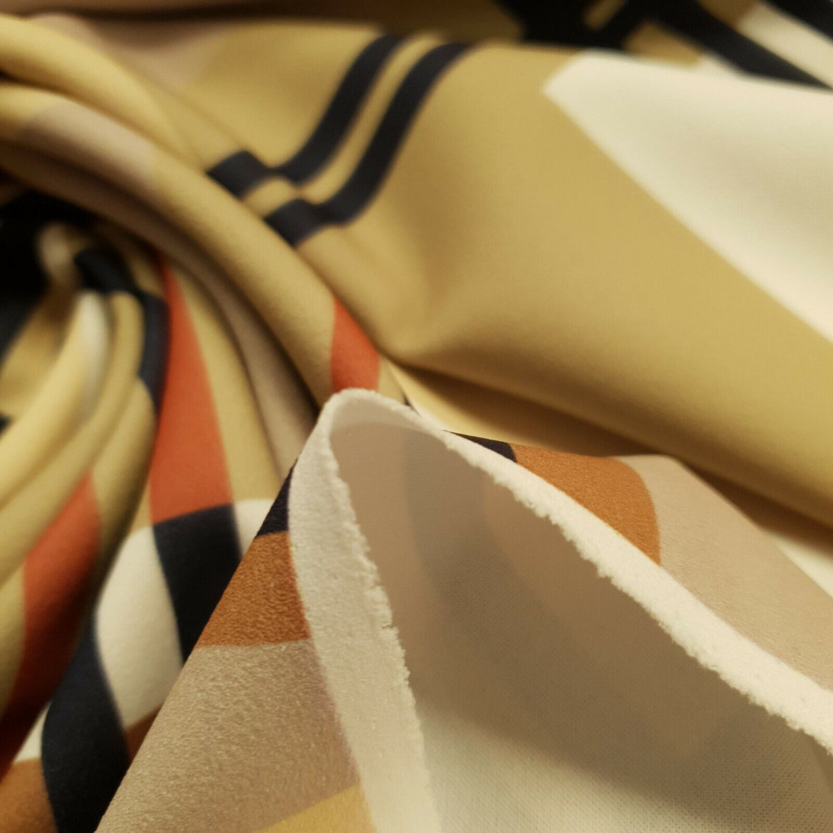 Beige Large Check Printed Scuba Crepe Jersey Fabric 4 Way Stretch