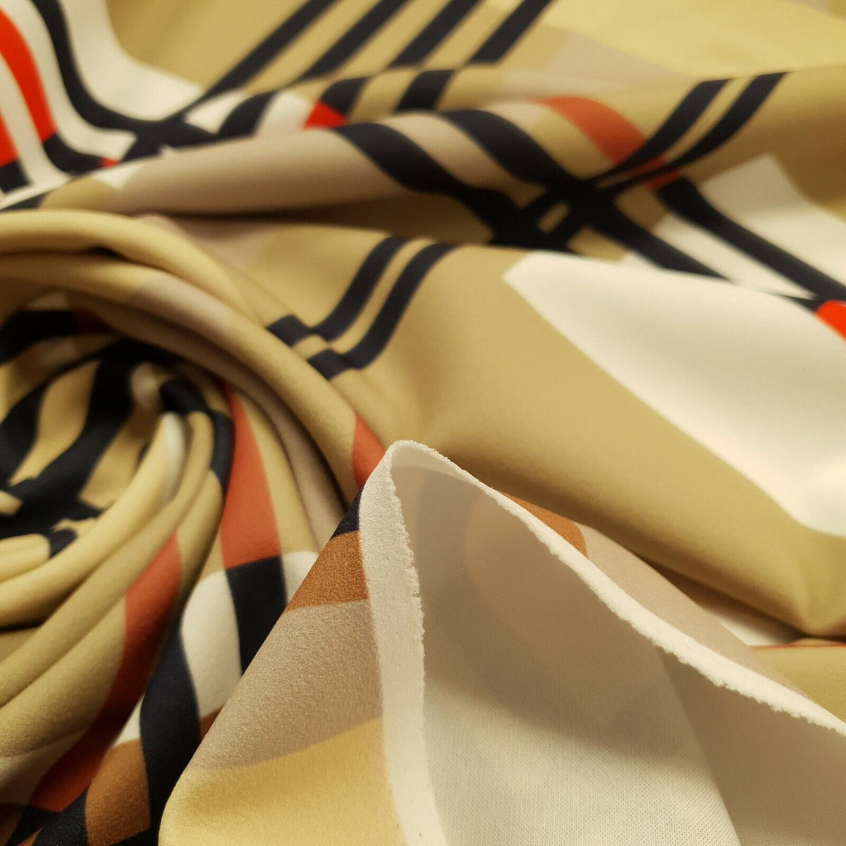 Beige Large Check Printed Scuba Crepe Jersey Fabric 4 Way Stretch