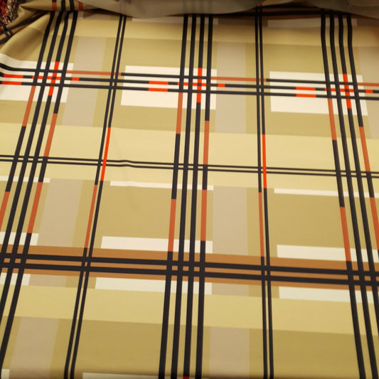Beige Large Check Printed Scuba Crepe Jersey Fabric 4 Way Stretch