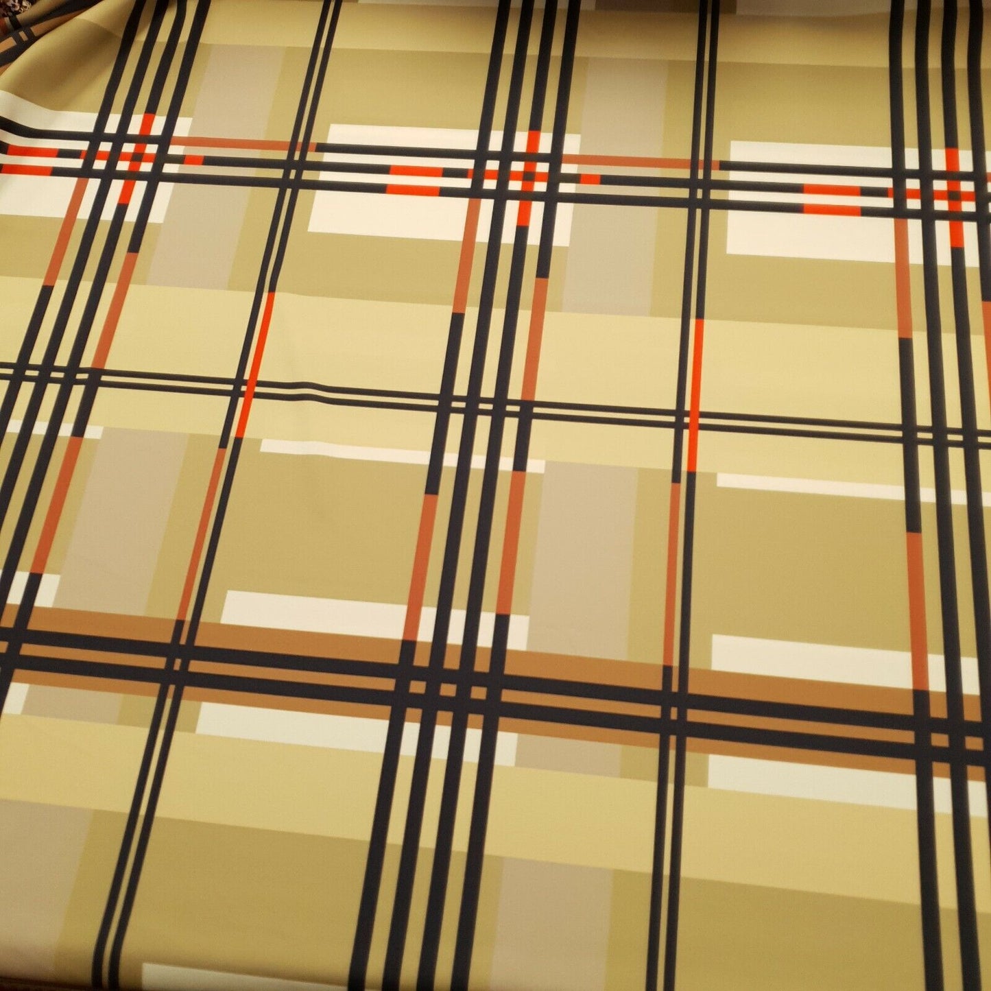 Beige Large Check Printed Scuba Crepe Jersey Fabric 4 Way Stretch