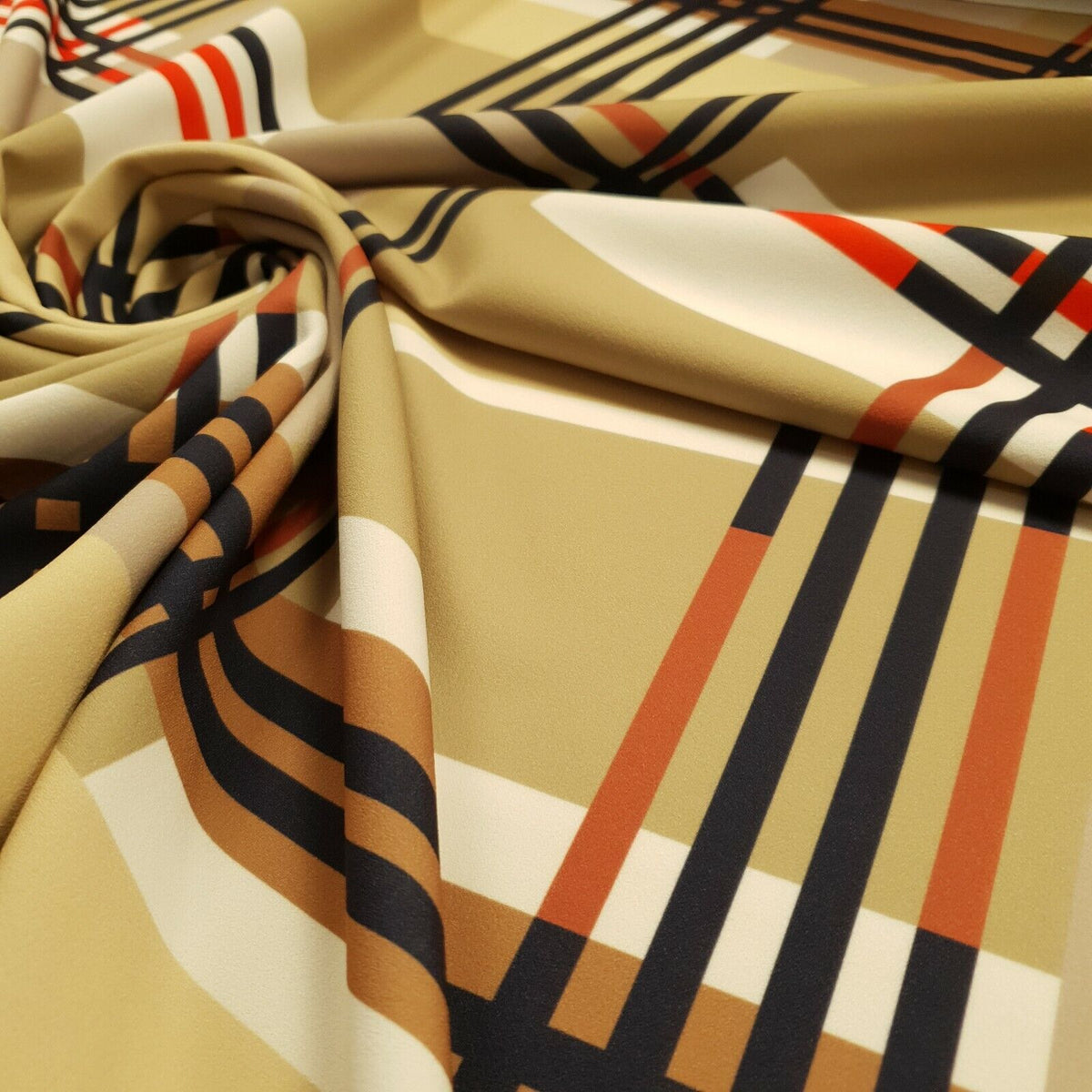 Beige Large Check Printed Scuba Crepe Jersey Fabric 4 Way Stretch