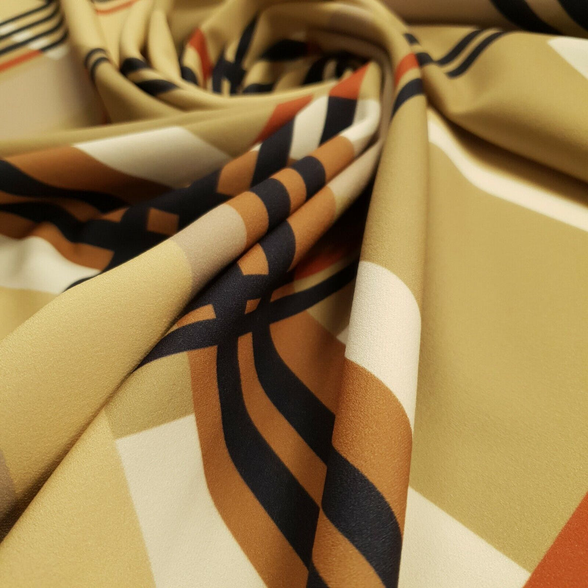 Beige Large Check Printed Scuba Crepe Jersey Fabric 4 Way Stretch