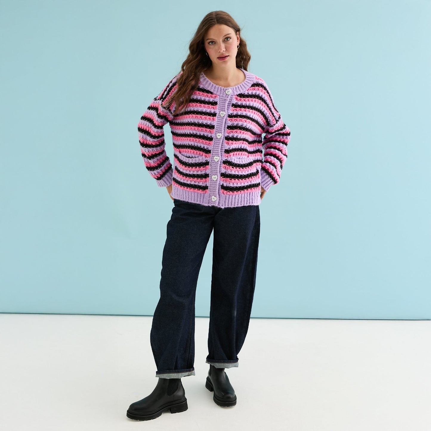 Bernice Stripe Cross Stitch Cardigan - Lilac
