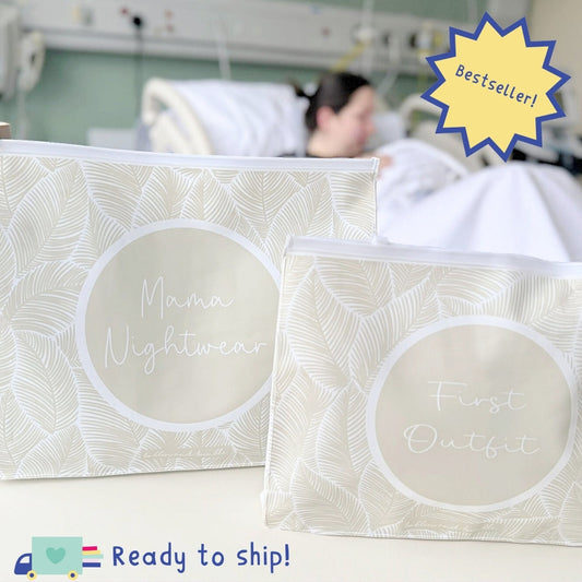 Hospital Bag Organiser Pouches - Unisex Beige Leaf Print