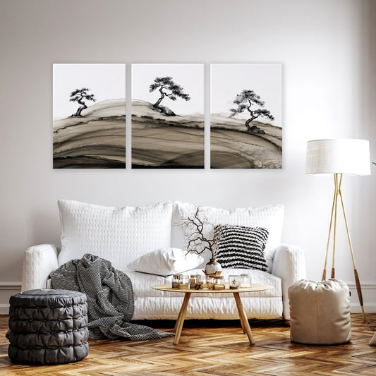 Big Living Room Pictures Japandi Bonsai Pine Trees Ink Wash Landscape | Set of 3