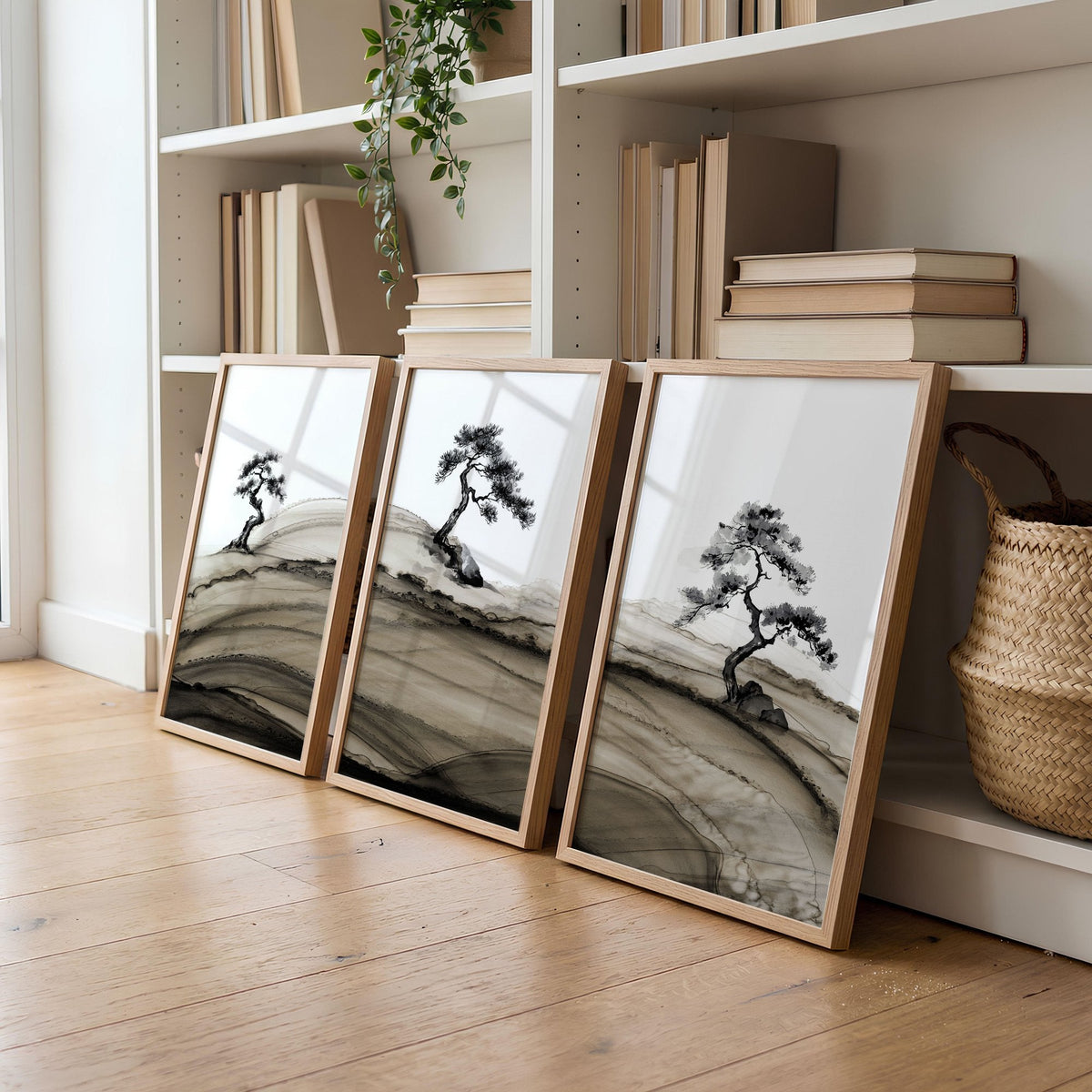 Big Living Room Pictures Japandi Bonsai Pine Trees Ink Wash Landscape | Set of 3