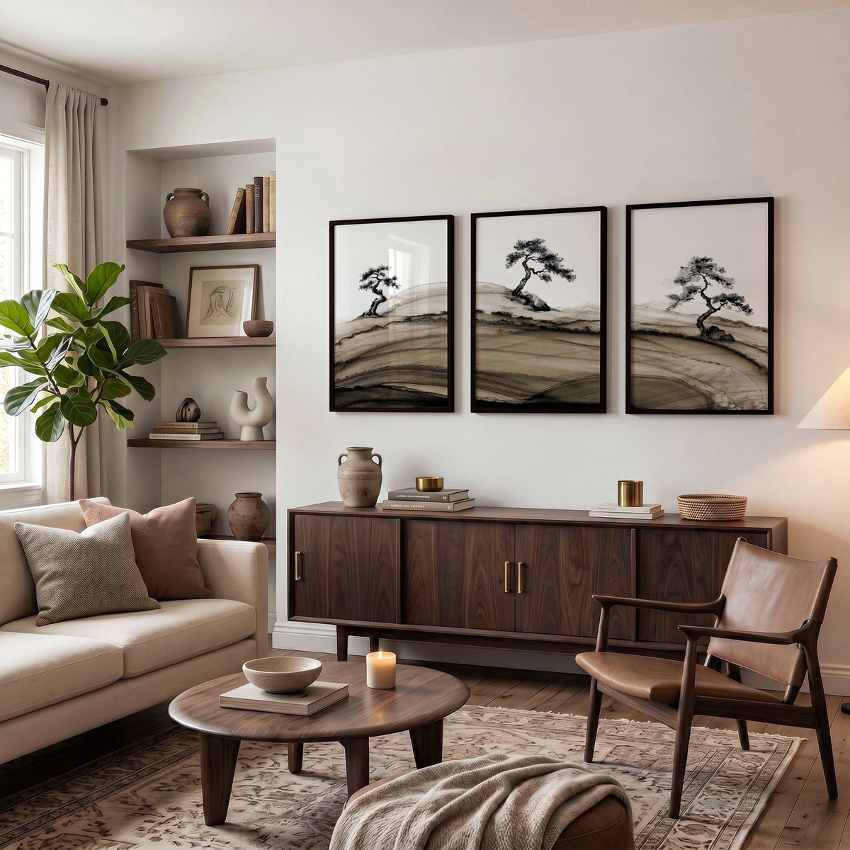 Big Living Room Pictures Japandi Bonsai Pine Trees Ink Wash Landscape | Set of 3