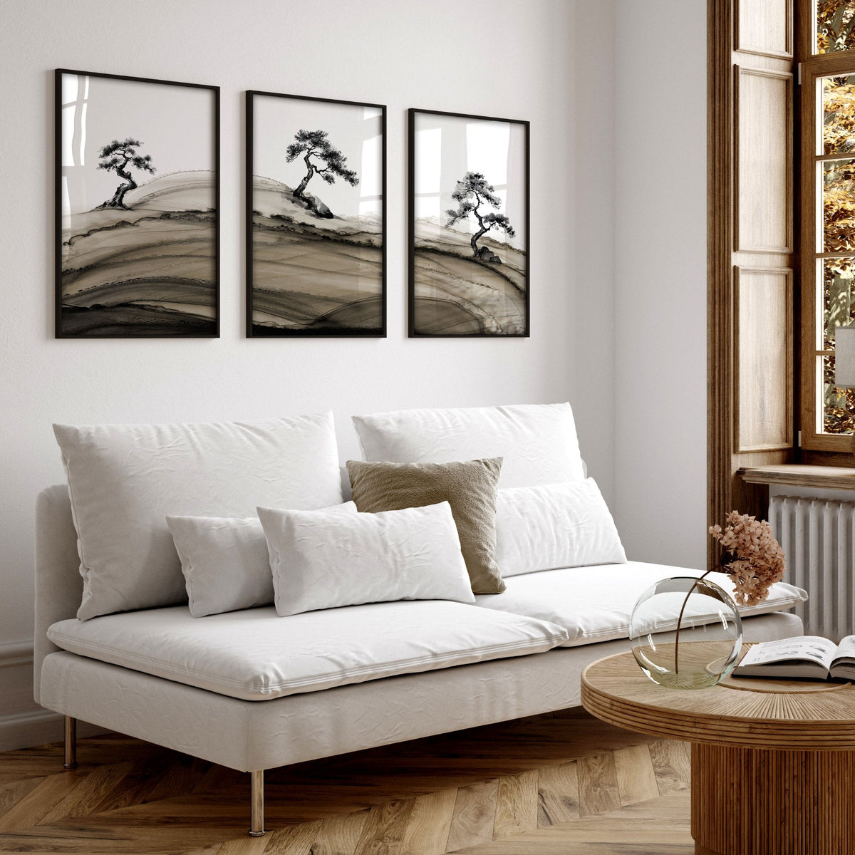Big Living Room Pictures Japandi Bonsai Pine Trees Ink Wash Landscape | Set of 3