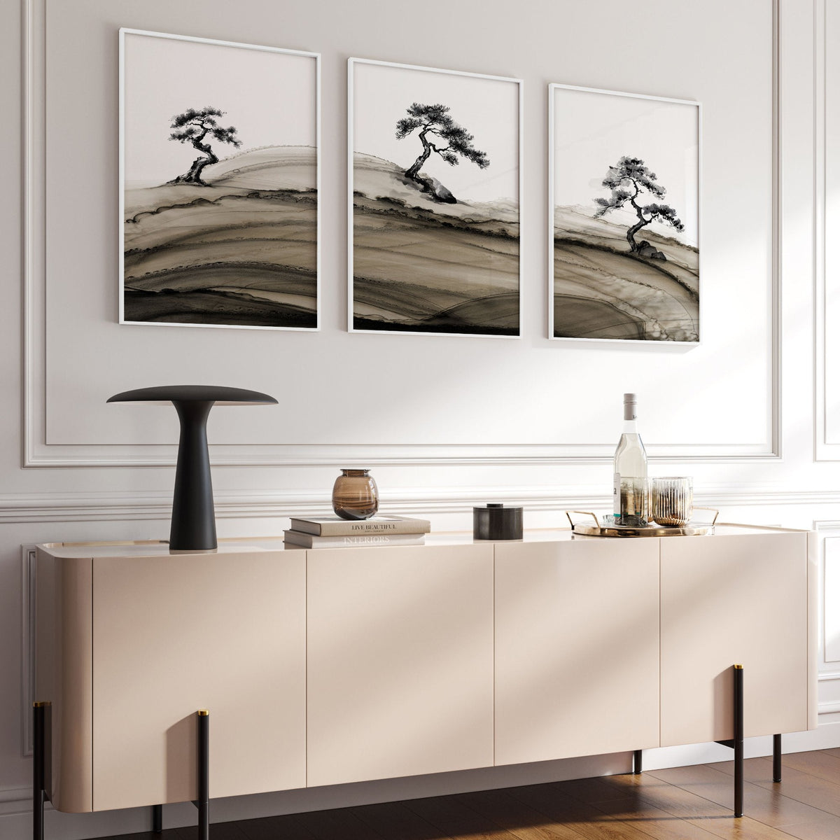 Big Living Room Pictures Japandi Bonsai Pine Trees Ink Wash Landscape | Set of 3