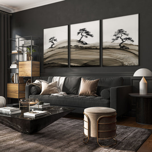Big Living Room Pictures Japandi Bonsai Pine Trees Ink Wash Landscape | Set of 3