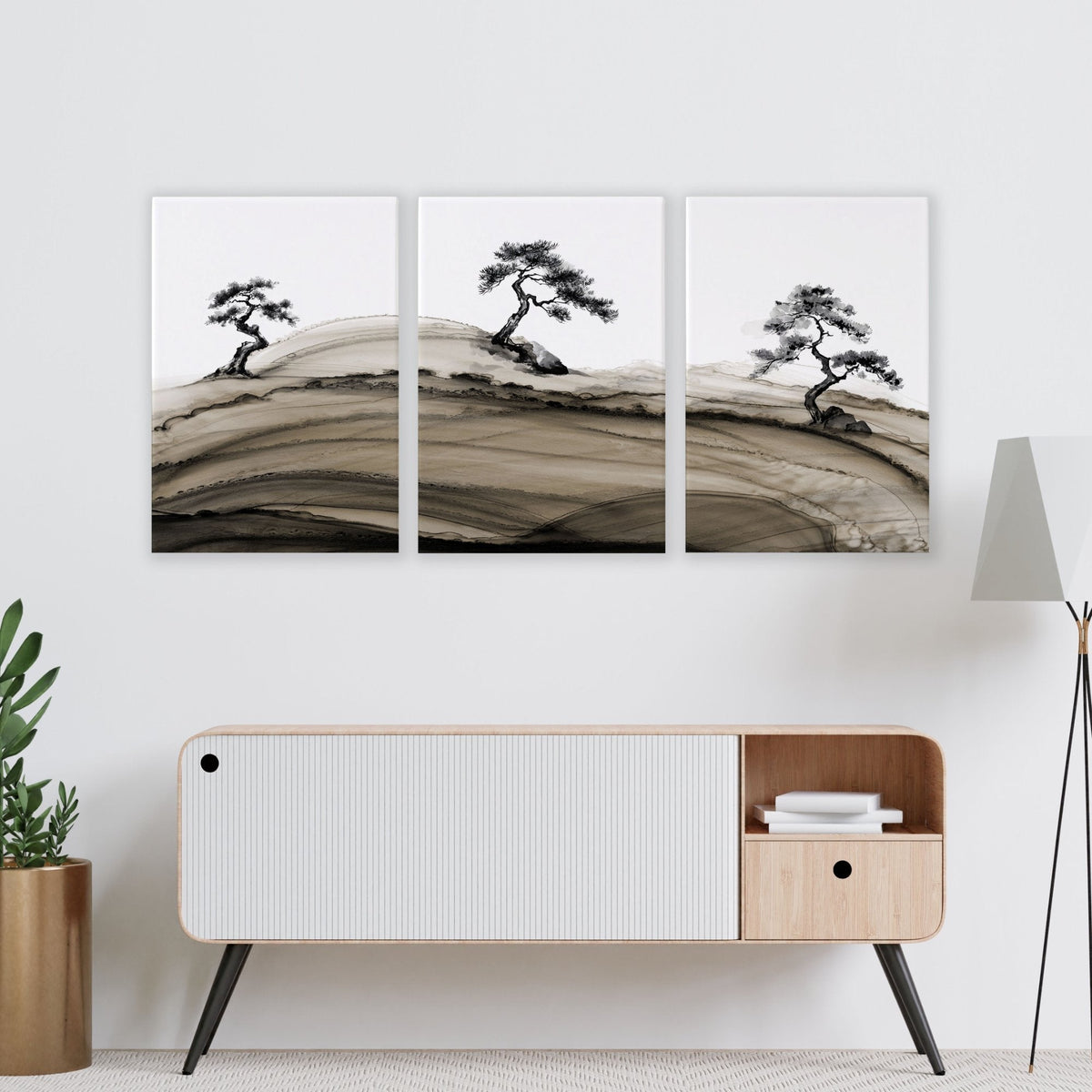 Big Living Room Pictures Japandi Bonsai Pine Trees Ink Wash Landscape | Set of 3