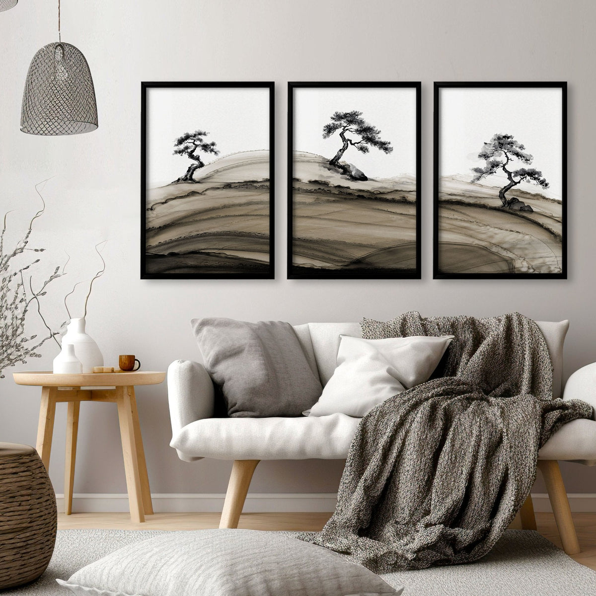 Big Living Room Pictures Japandi Bonsai Pine Trees Ink Wash Landscape | Set of 3