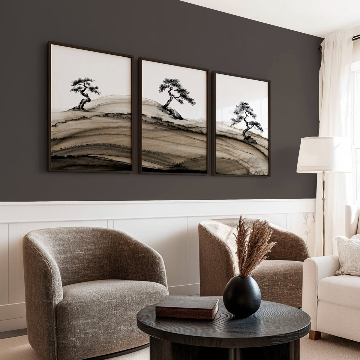 Big Living Room Pictures Japandi Bonsai Pine Trees Ink Wash Landscape | Set of 3