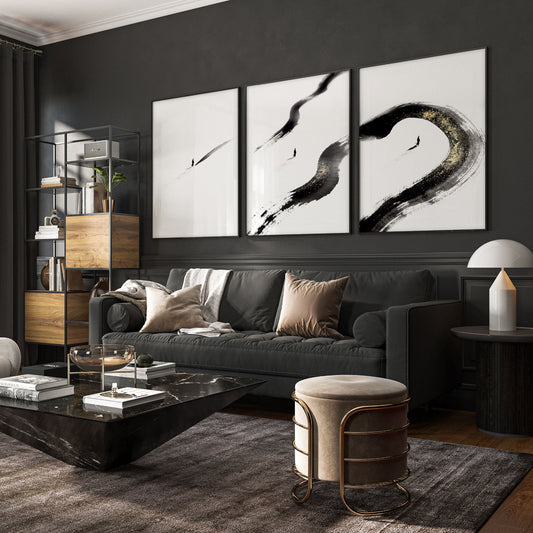 Big Living Room Wall Art Japandi Zen Ink Brushstroke Solitary Figure White Black Gold-Toned | Set of 3