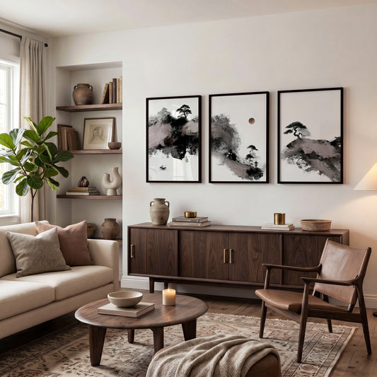 Big Painting for Living Room Japanese Ink Landscape Wall Art Prints | Set of 3
