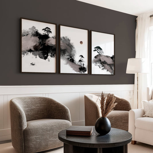 Big Painting for Living Room Japanese Ink Landscape Wall Art Prints | Set of 3
