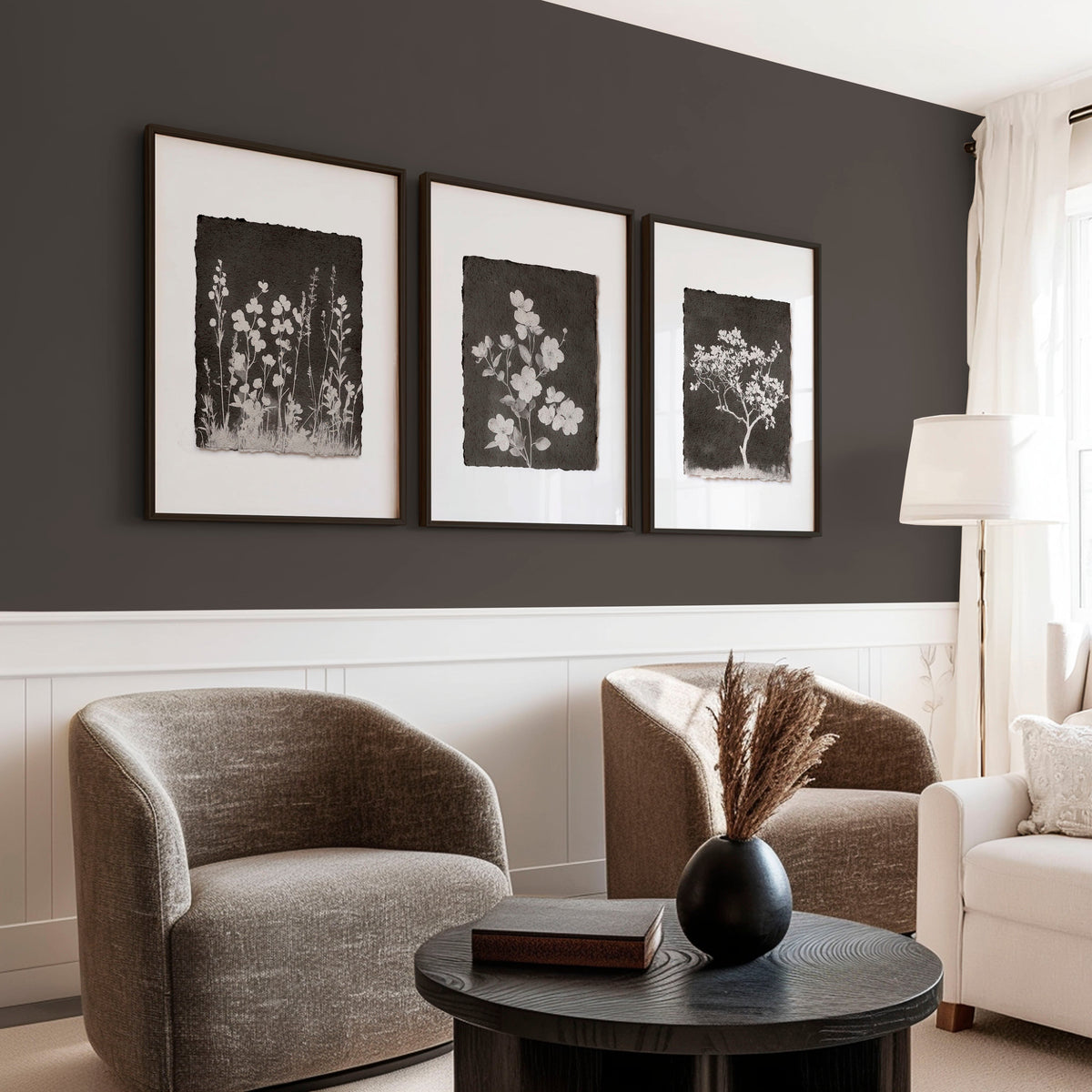 Big Wall Art for Living Room French Country Botanical Dark Floral White Wildflowers | Set of 3