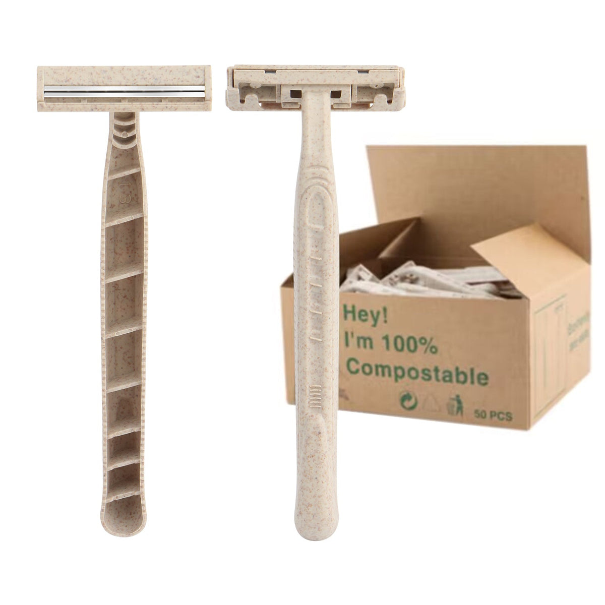 Biodegradable Disposable Razors - Eco Friendly Wheat Straw Blades - 50 Pack