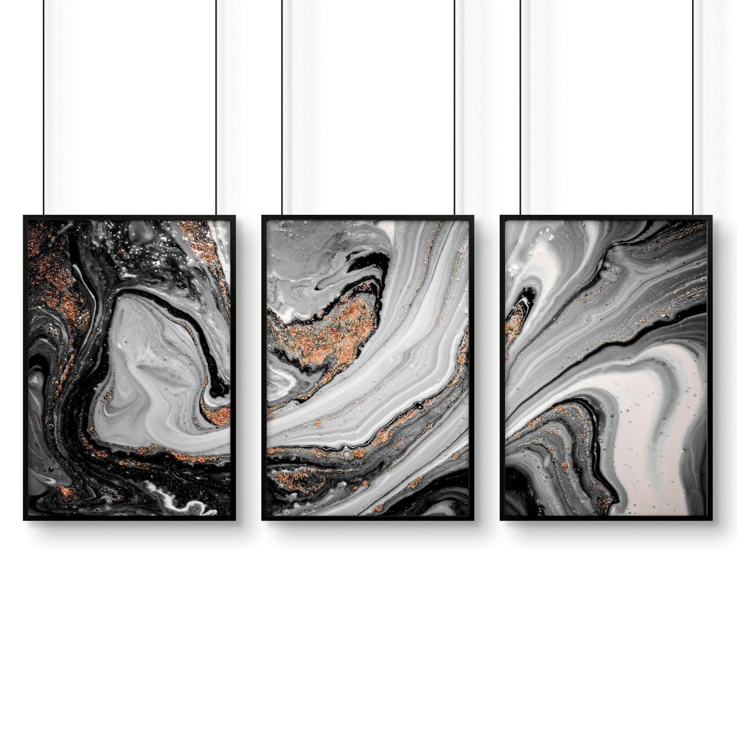 Abstract large wall art | set of 3 Black and Gold wall art prints