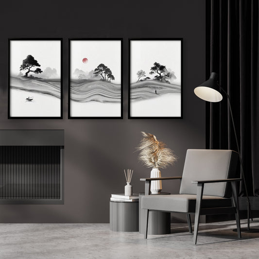 Black and White Artwork Japanese Ink Landscape with Red Sun Wall Art Prints | Set of 3