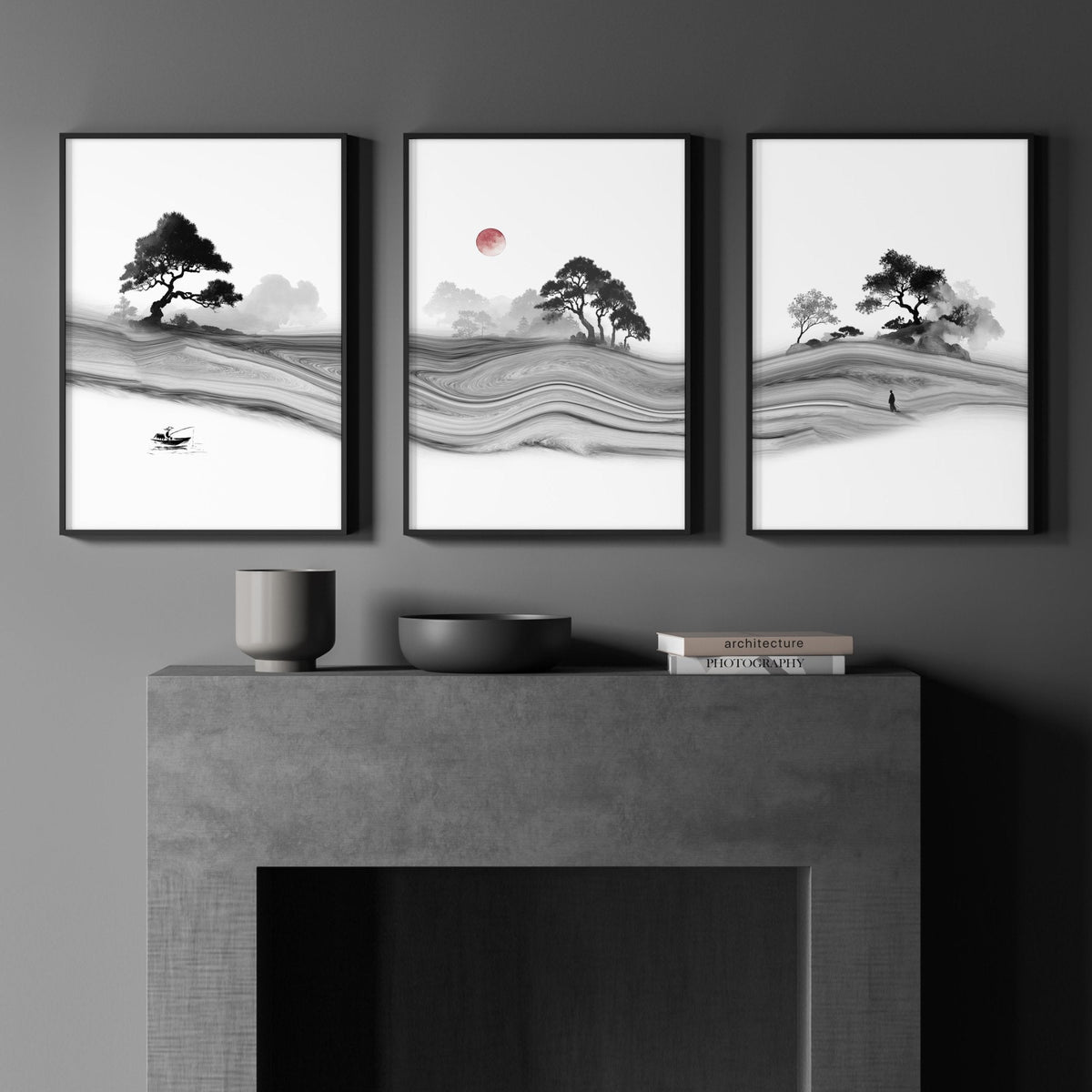 Black and White Artwork Japanese Ink Landscape with Red Sun Wall Art Prints | Set of 3