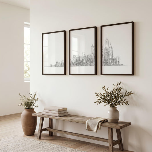 Black and White Canvas New York Skyline Line Art Skyscraper Prints | Set of 3