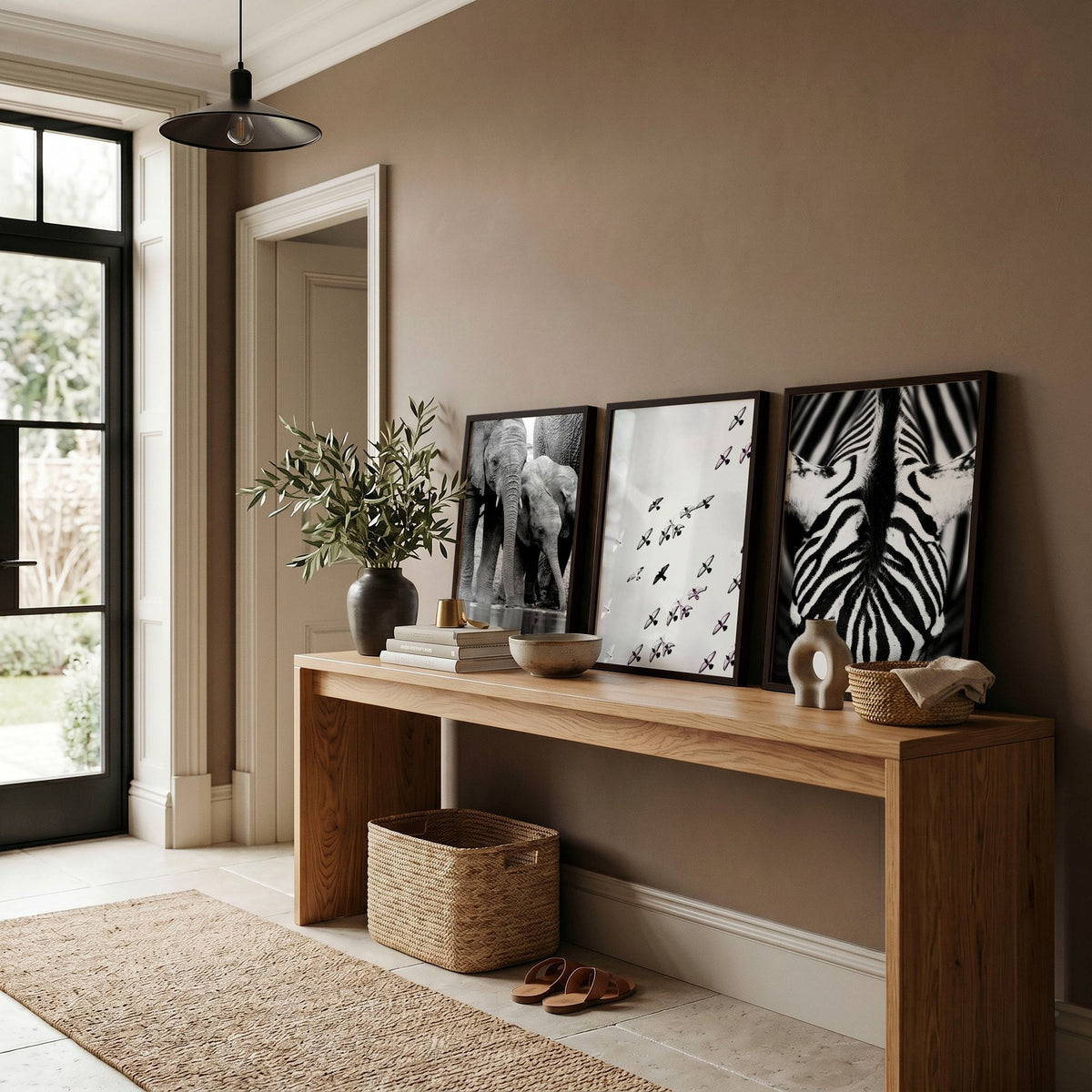 Black and White Photography Wildlife Wall Art Prints | Elephants, Birds & Zebra | Set of 3