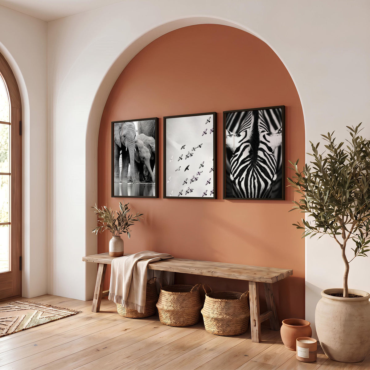 Black and White Photography Wildlife Wall Art Prints | Elephants, Birds & Zebra | Set of 3