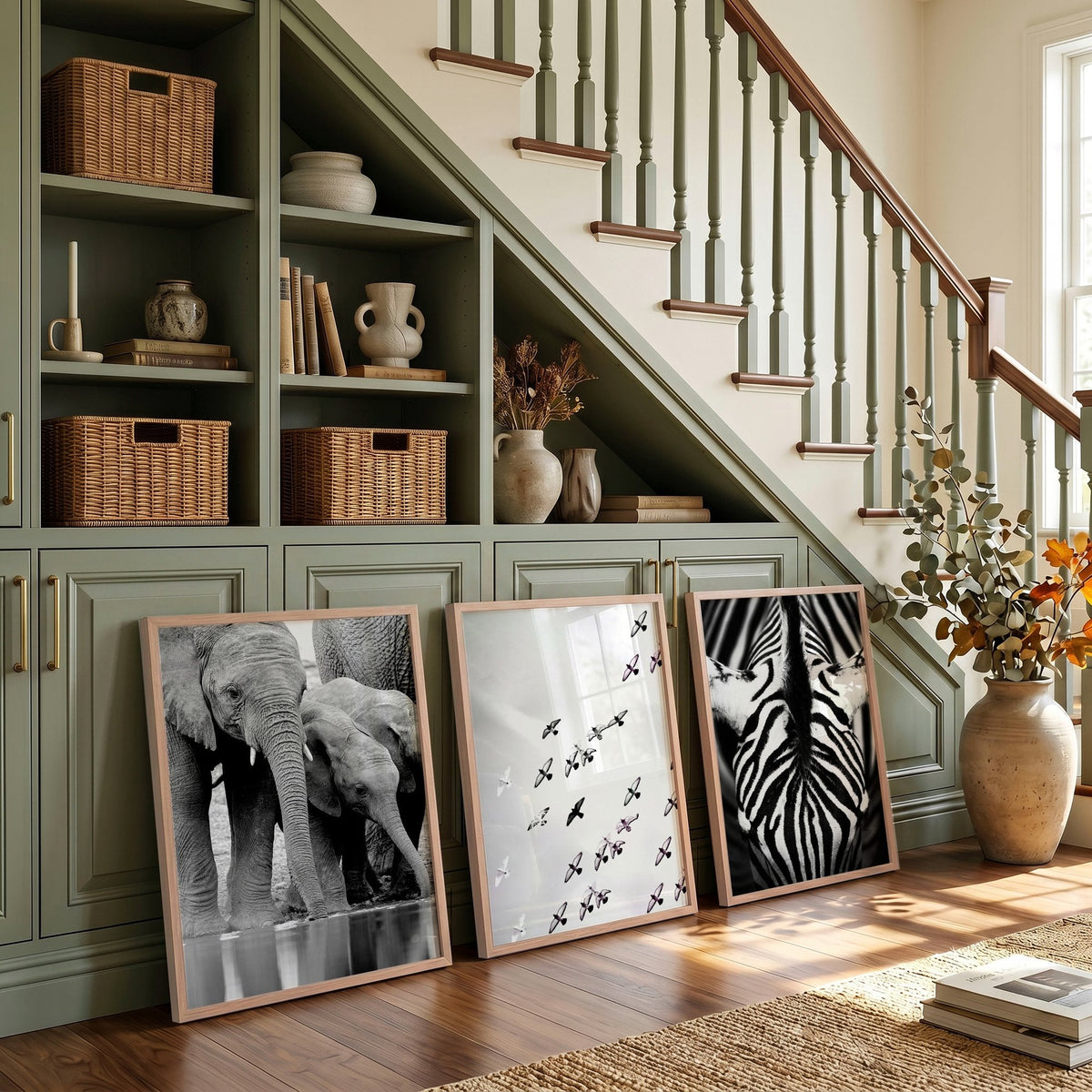 Black and White Photography Wildlife Wall Art Prints | Elephants, Birds & Zebra | Set of 3