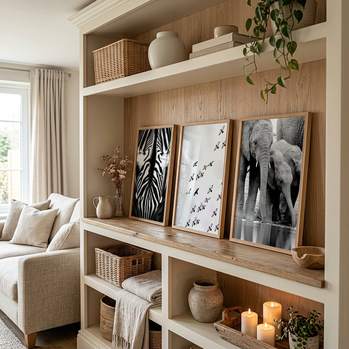 Black and White Photography Wildlife Wall Art Prints | Elephants, Birds & Zebra | Set of 3