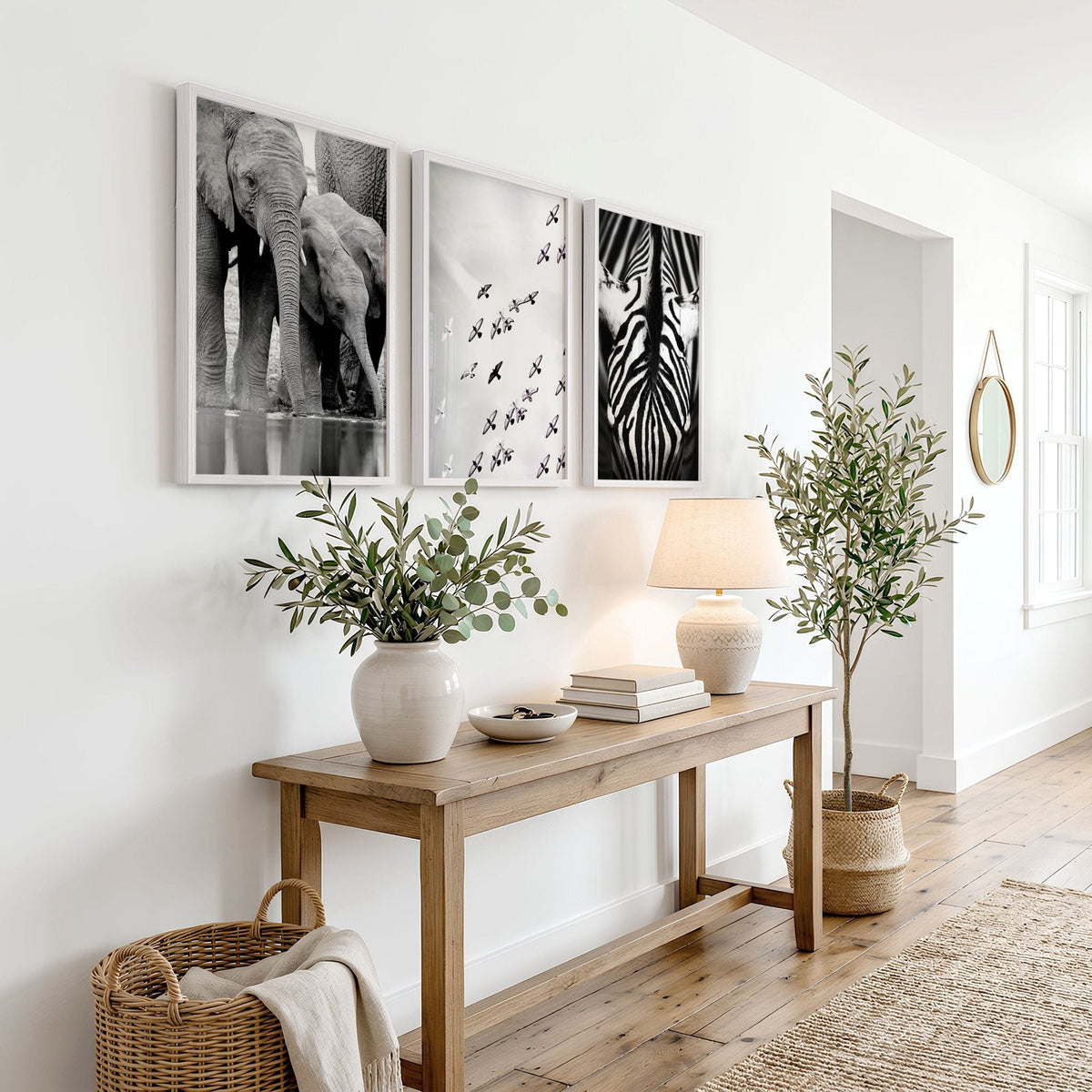 Black and White Photography Wildlife Wall Art Prints | Elephants, Birds & Zebra | Set of 3
