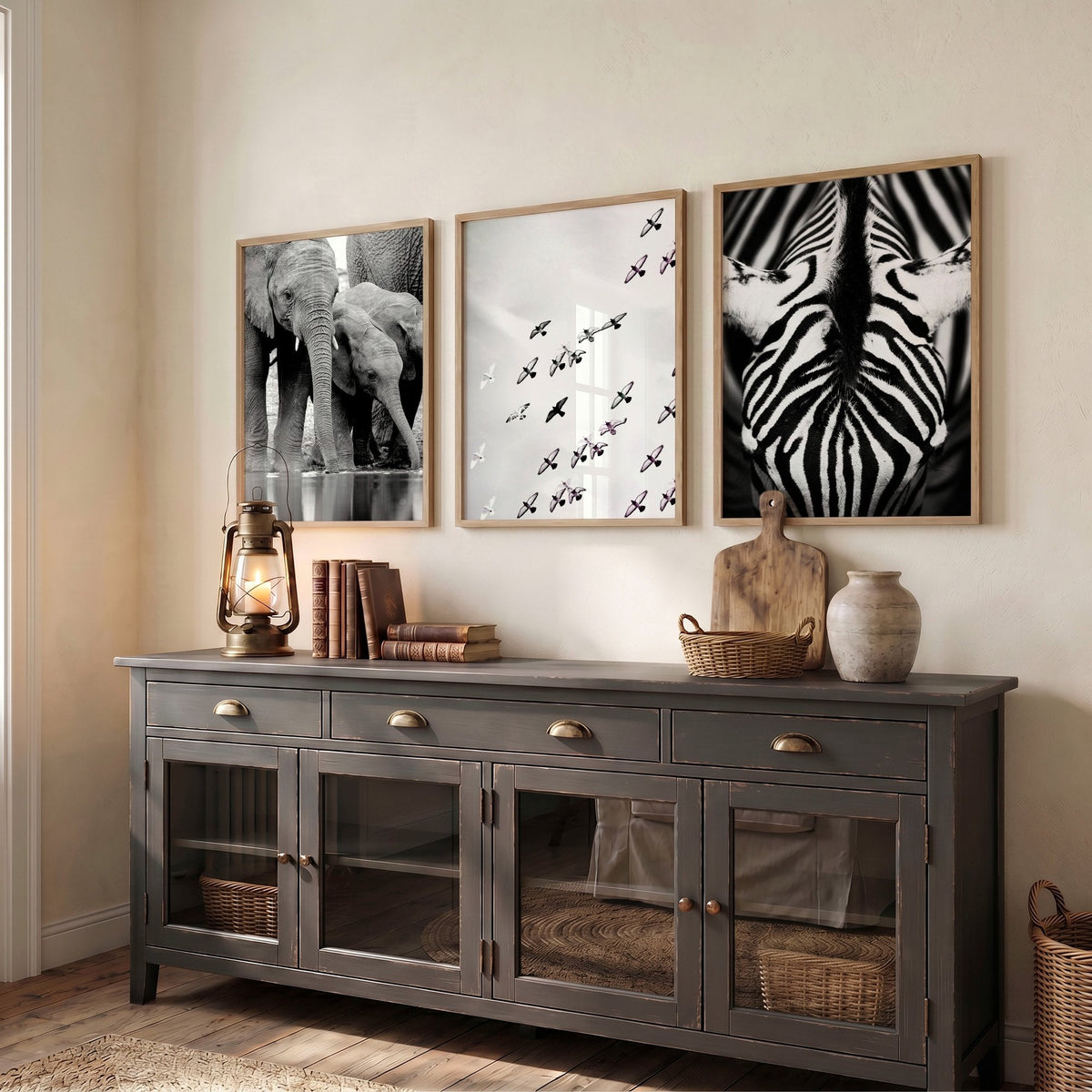 Black and White Photography Wildlife Wall Art Prints | Elephants, Birds & Zebra | Set of 3