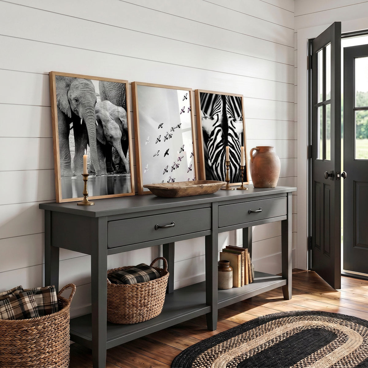 Black and White Photography Wildlife Wall Art Prints | Elephants, Birds & Zebra | Set of 3