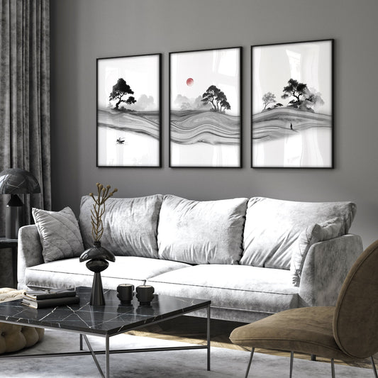 Black and White Prints for Living Room | Japanese Ink Landscape with Red Moon | Set of 3