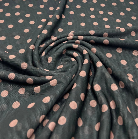 Black Beige Polka Spot Mesh Fabric Stretch