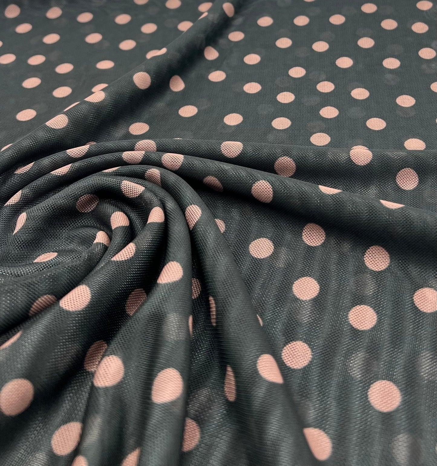 Black Beige Polka Spot Mesh Fabric Stretch