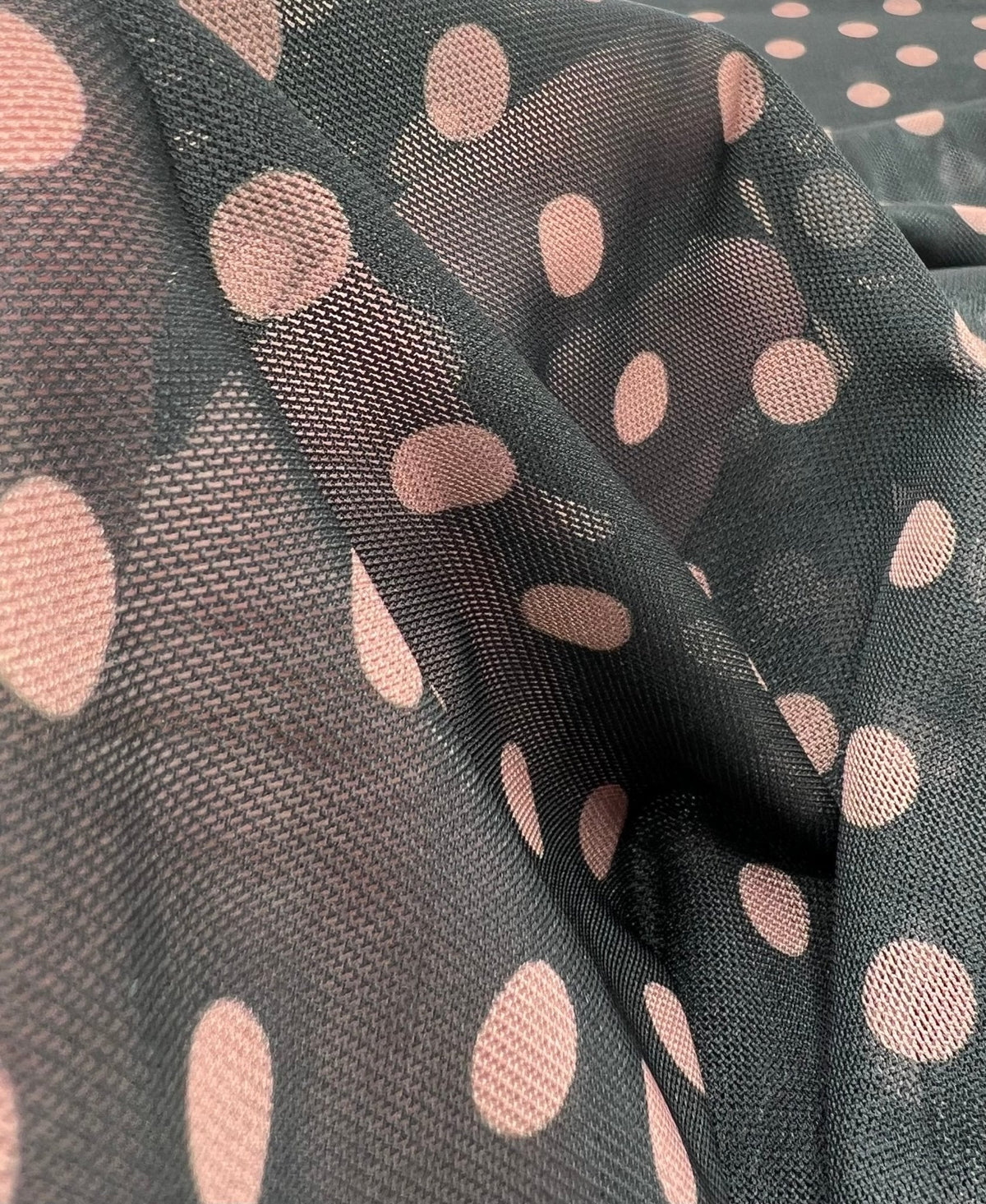 Black Beige Polka Spot Mesh Fabric Stretch