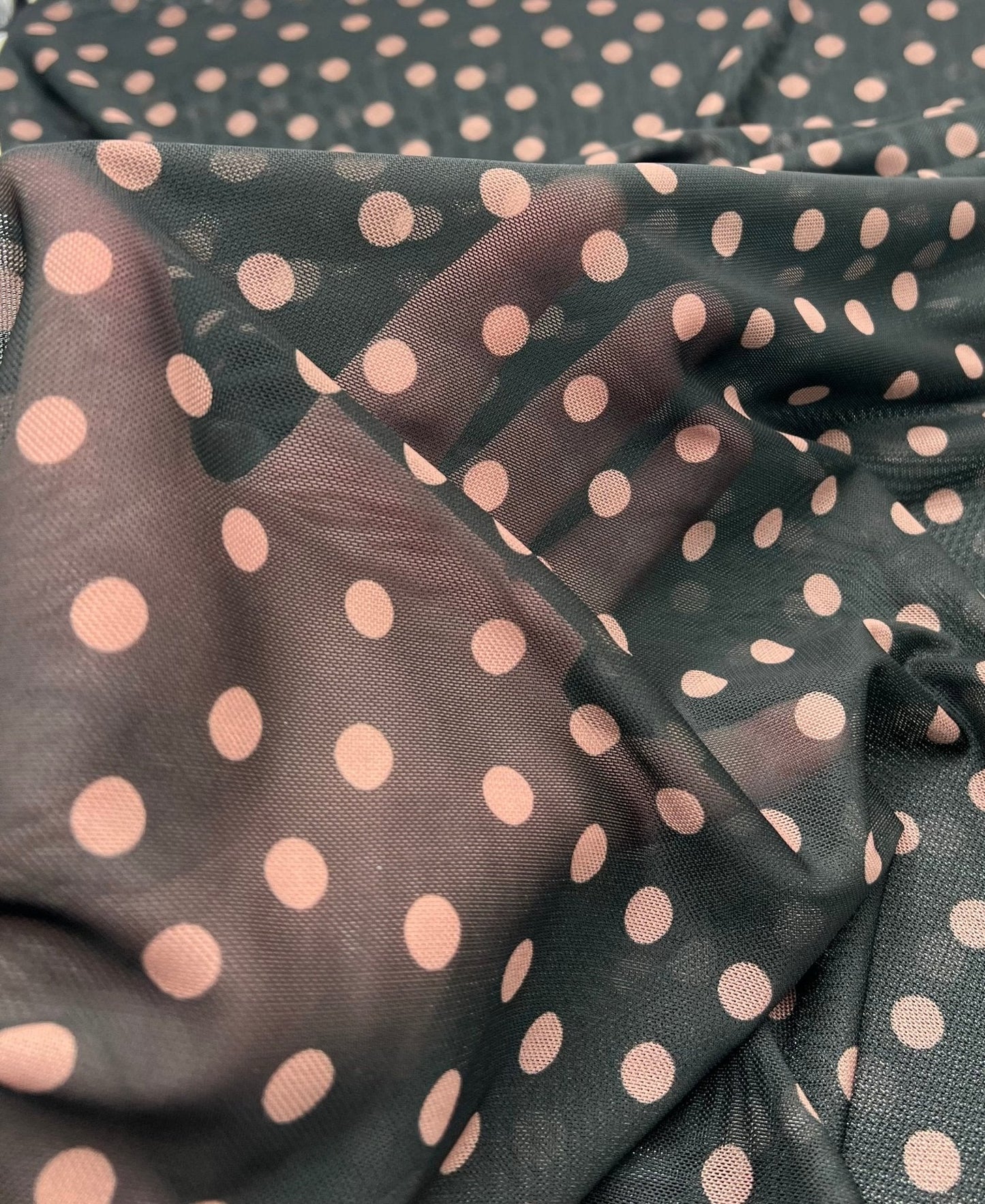 Black Beige Polka Spot Mesh Fabric Stretch