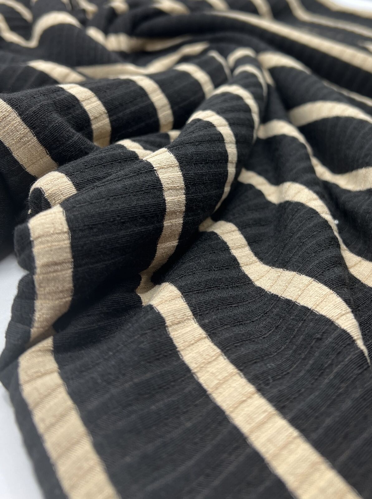 Black Beige Stripe 8x4 Wide Rib Stretch Fabric