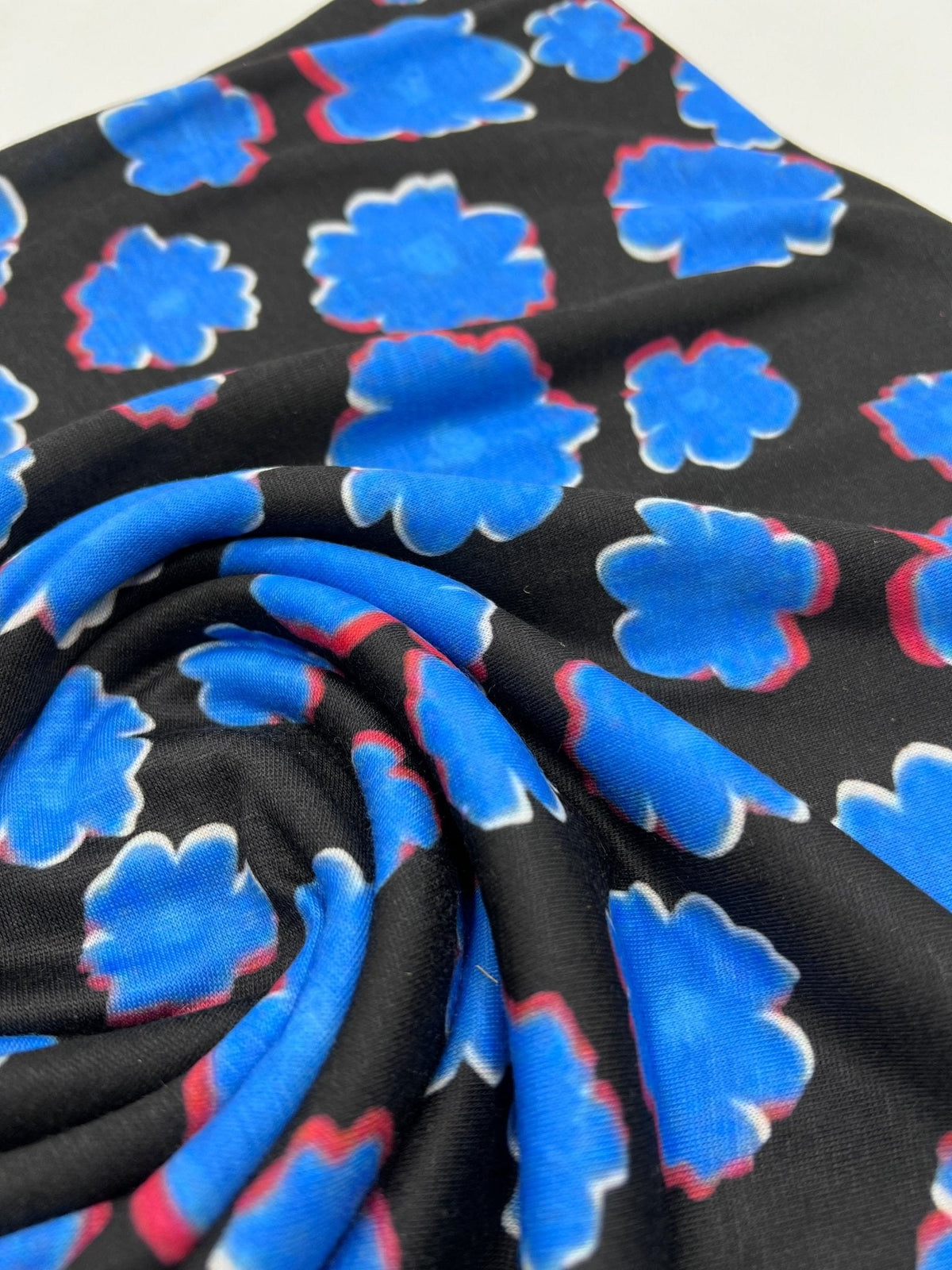 Black Blue Large Floral Print Spun Poly Stretch Fabric