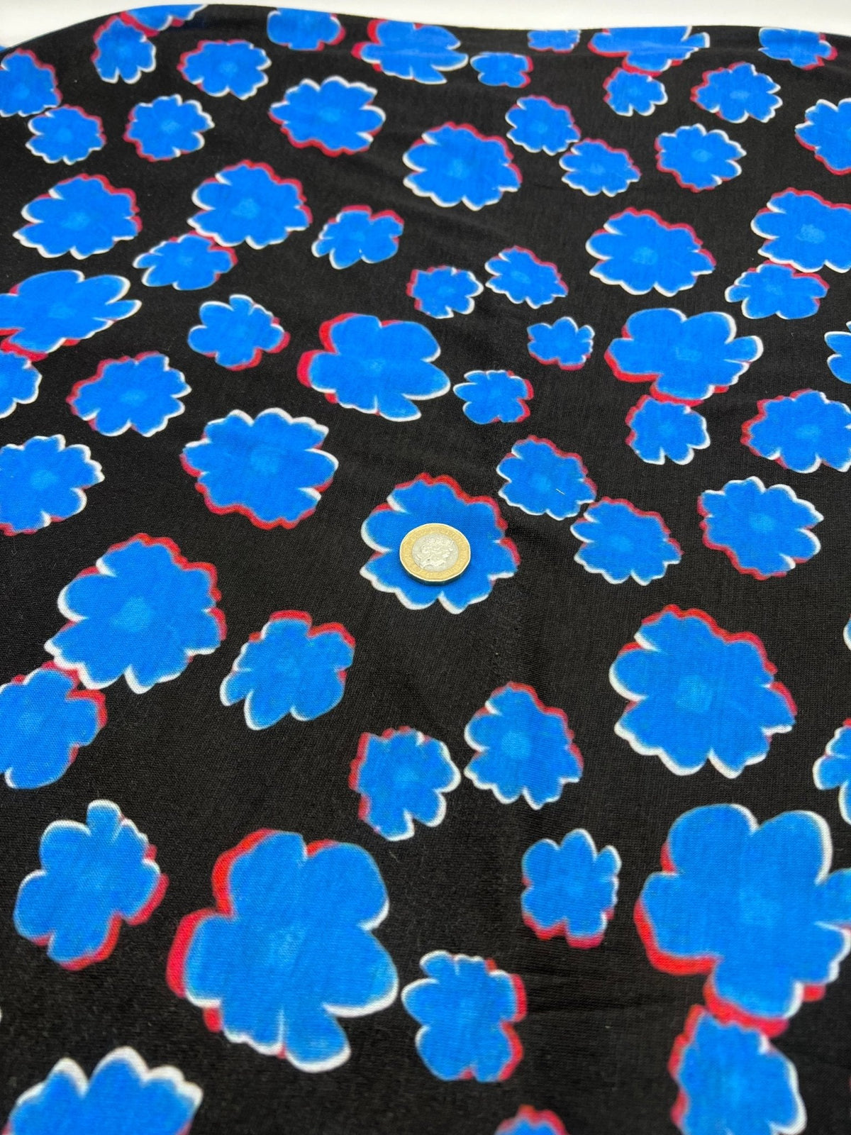 Black Blue Large Floral Print Spun Poly Stretch Fabric