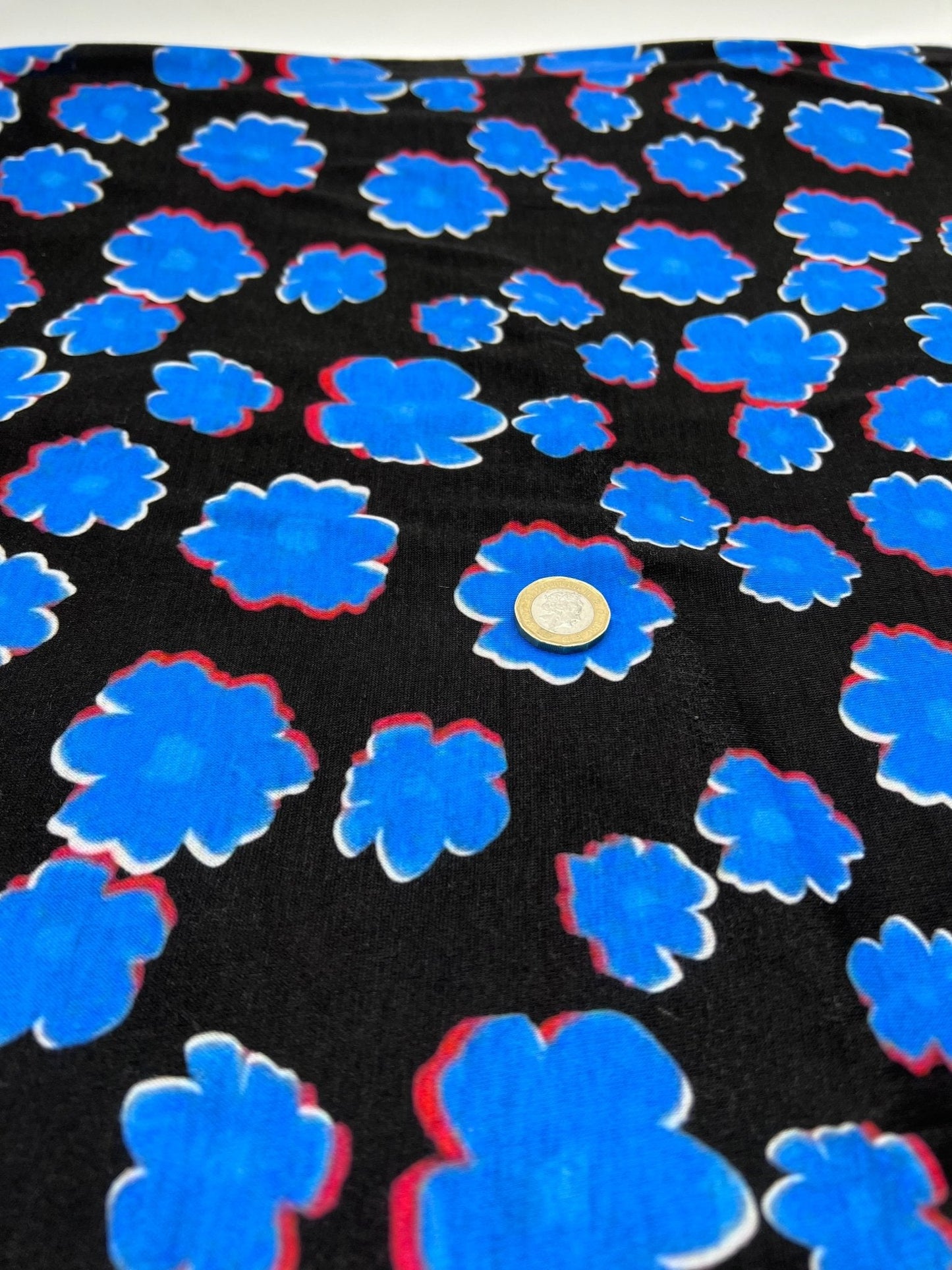 Black Blue Large Floral Print Spun Poly Stretch Fabric